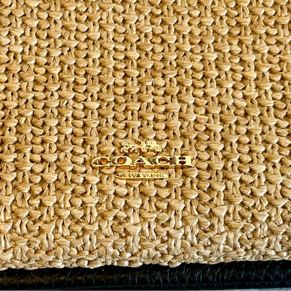 NWT COACH DOUBLE ZIP LARGE WALLET WRISTLET STRAW CAP26 LEATHER TOAST/BLACK - Picture 4 of 12
